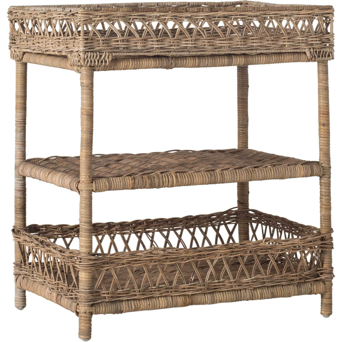 Woven rattan accent table with a raised tray top, open middle shelf, and deep lower basket || SEA7026A || front_angle_studio