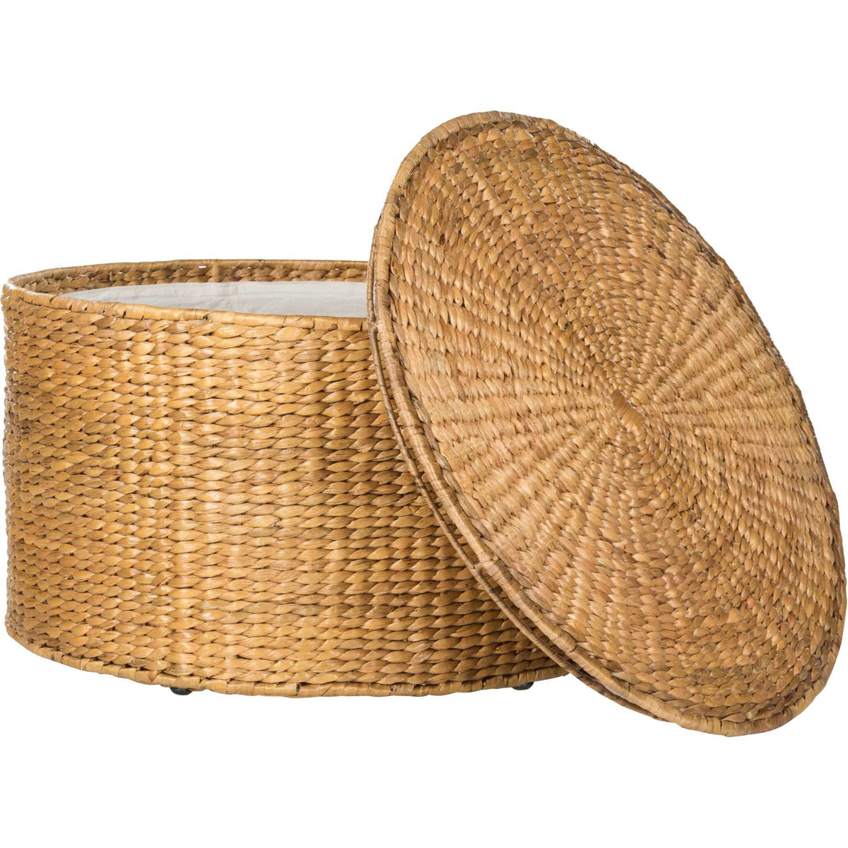 A removable woven lid reveals a spacious, fabric-lined compartment inside the natural rattan table.