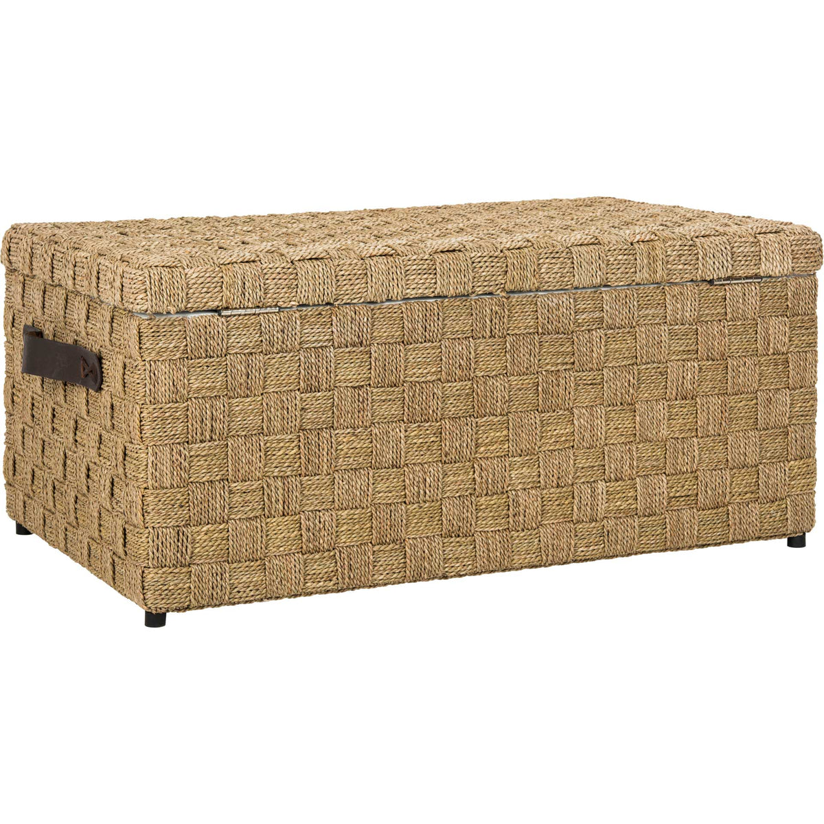 Rectangular seagrass storage trunk with a woven lid and dark end handle