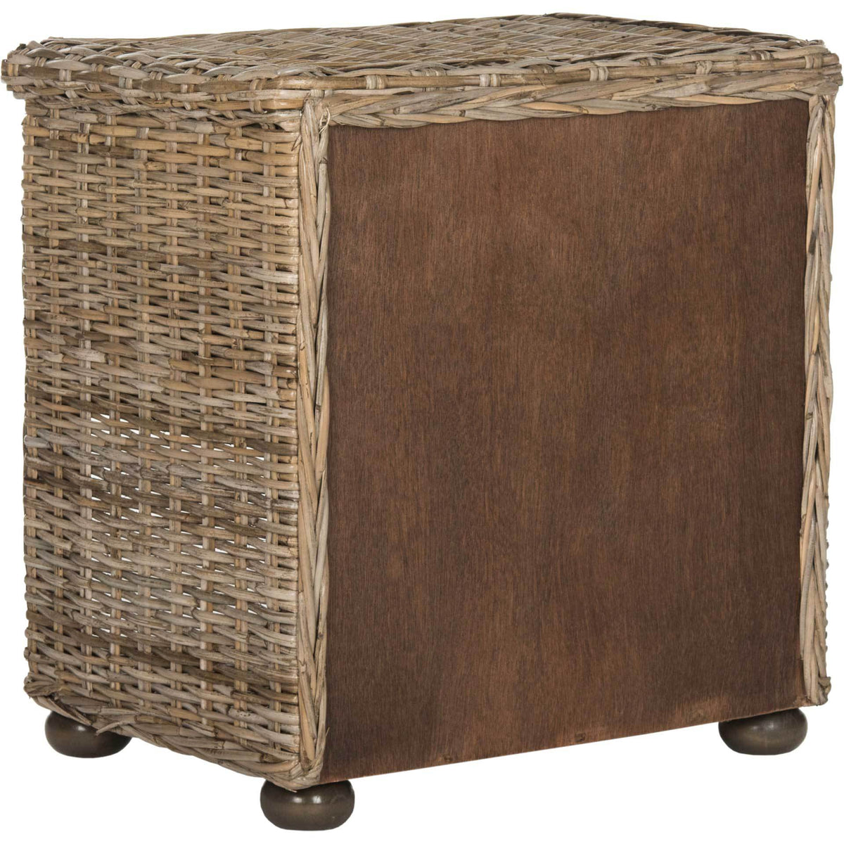 A smooth brown wood back contrasts with the nightstand's woven wicker sides and top