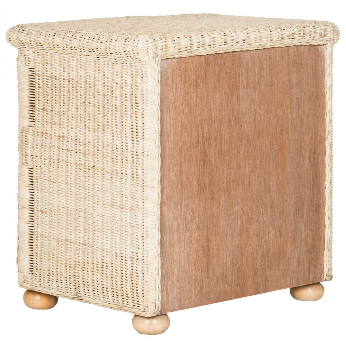 Smooth natural wood contrasts with the nightstand's pale wicker weave and rounded feet.