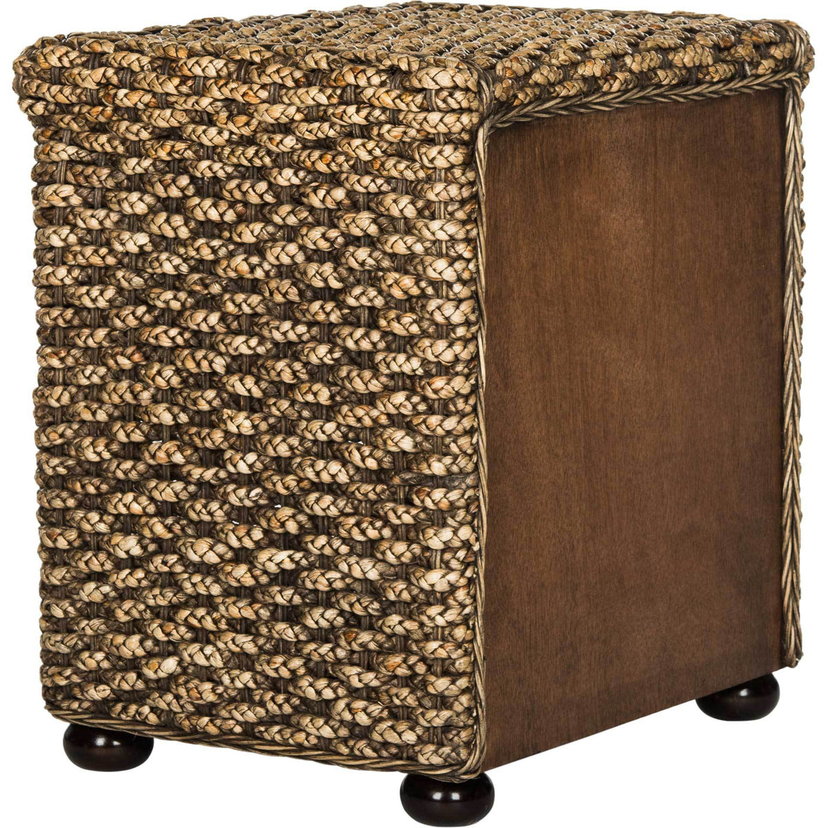 Braided wicker sides meet a smooth brown wood back on this compact nightstand