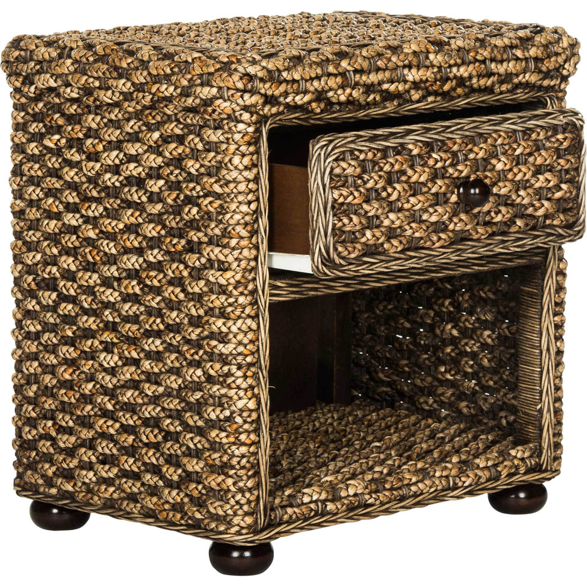 Textured wicker wraps a compact nightstand with a partially open drawer and lower shelf