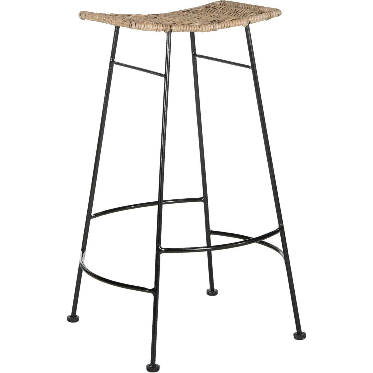 Tall bar stool with a textured gray rattan seat and wraparound black metal footrest || SEA8005A-SET2 || front_angle_studio