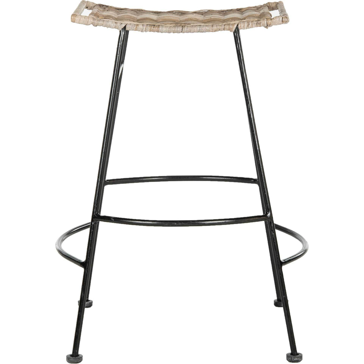 Counter-height stool pairs an upturned woven rattan seat with an open black metal frame || SEA8006A-SET2 || front_studio
