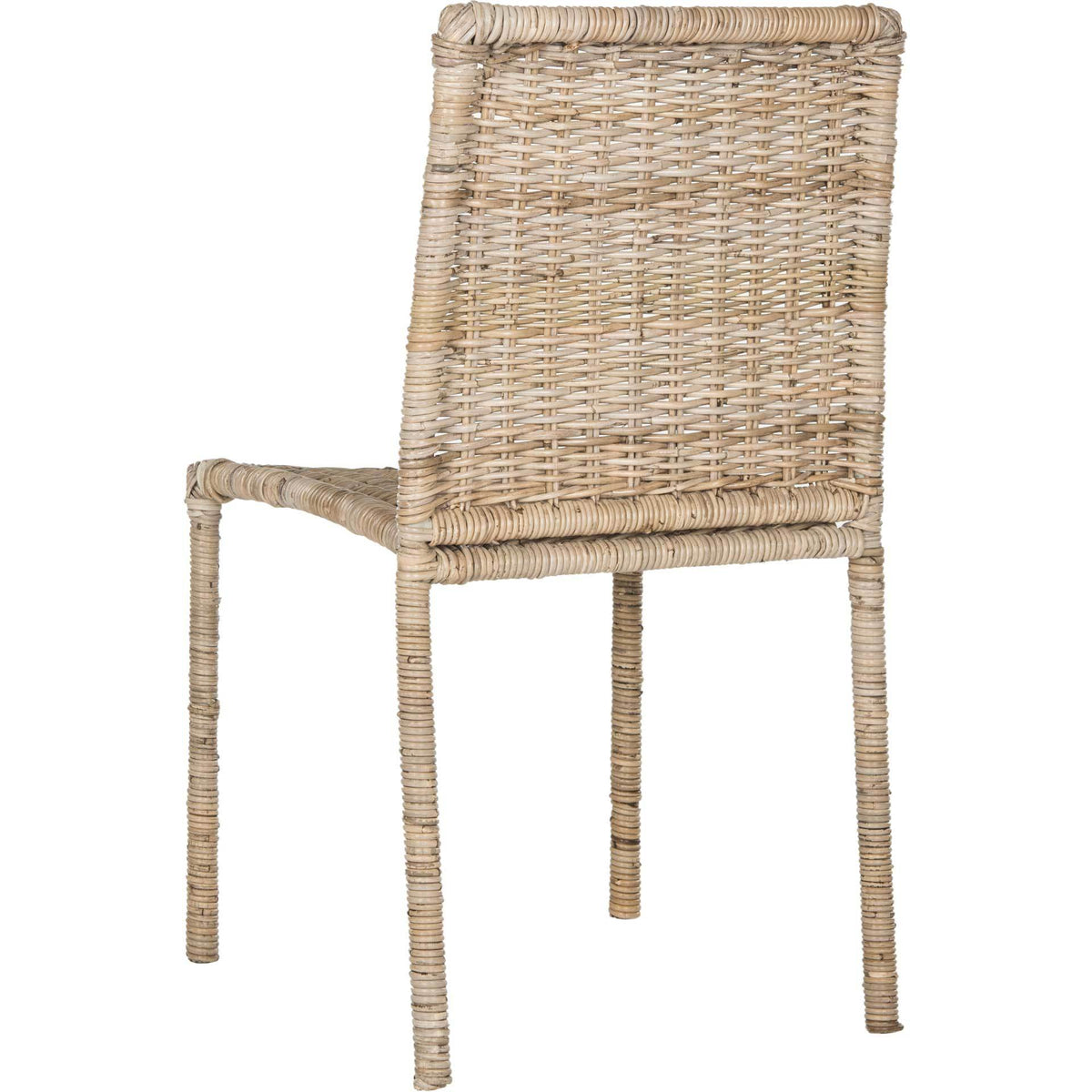 Rattan weave covers the tall chair back above a slim, wrapped frame