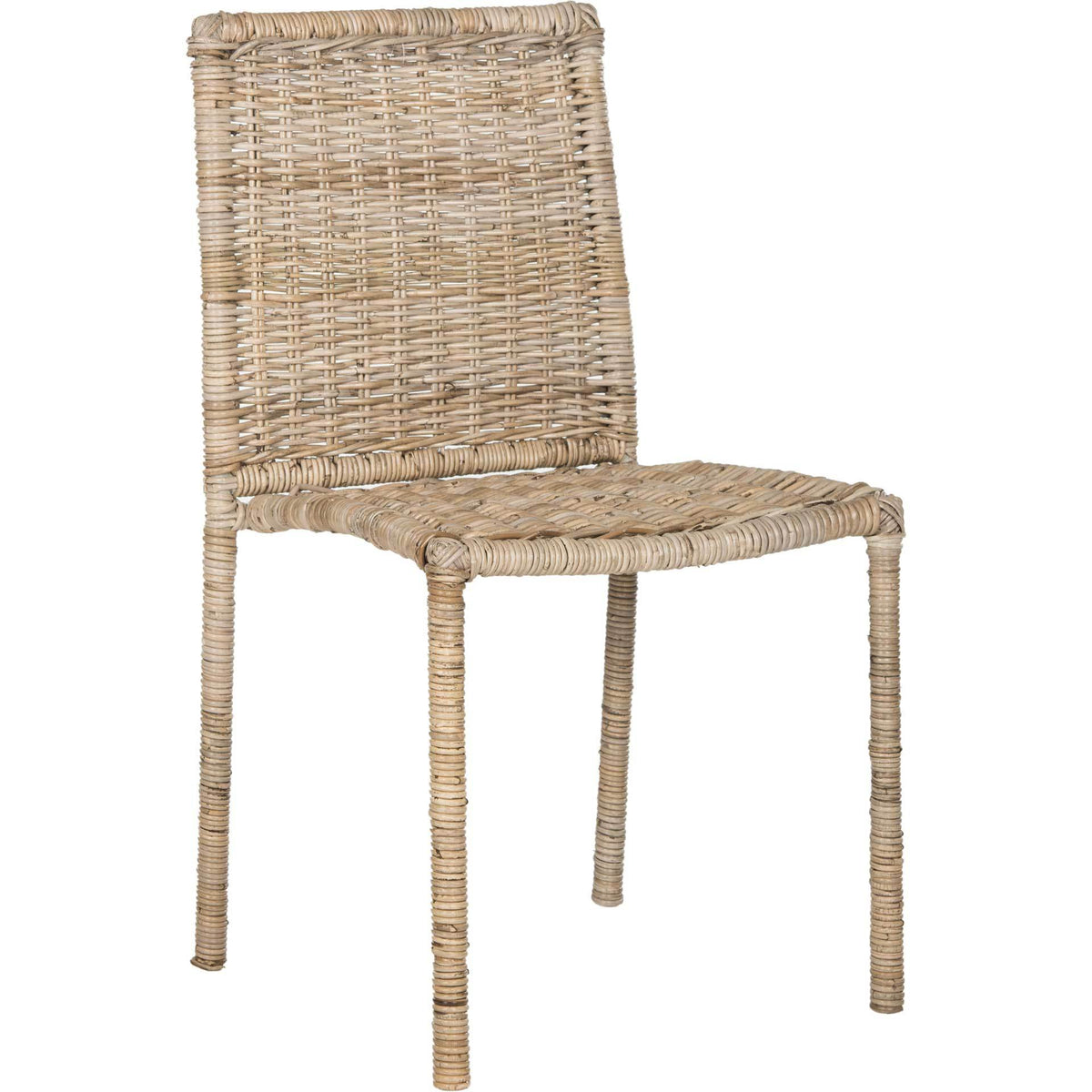 Gray rattan side chair with a high woven back, contoured seat, and slim wrapped legs || SEA8008A-SET2 || front_angle_studio