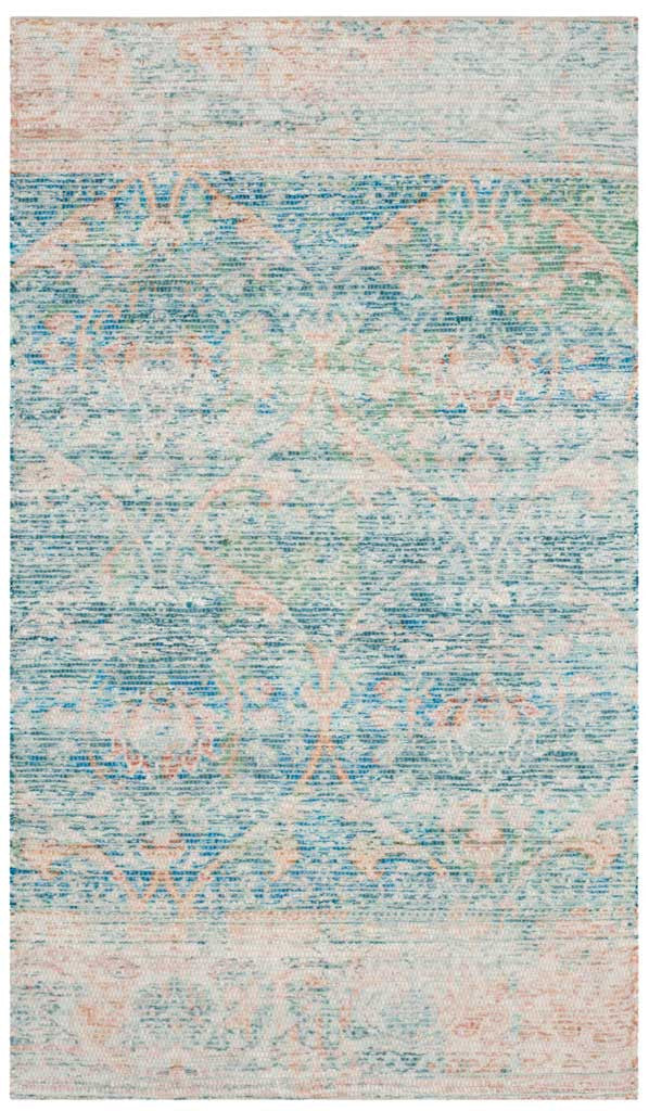 Turquoise and peach area rug with large ornamental medallions and a weathered finish