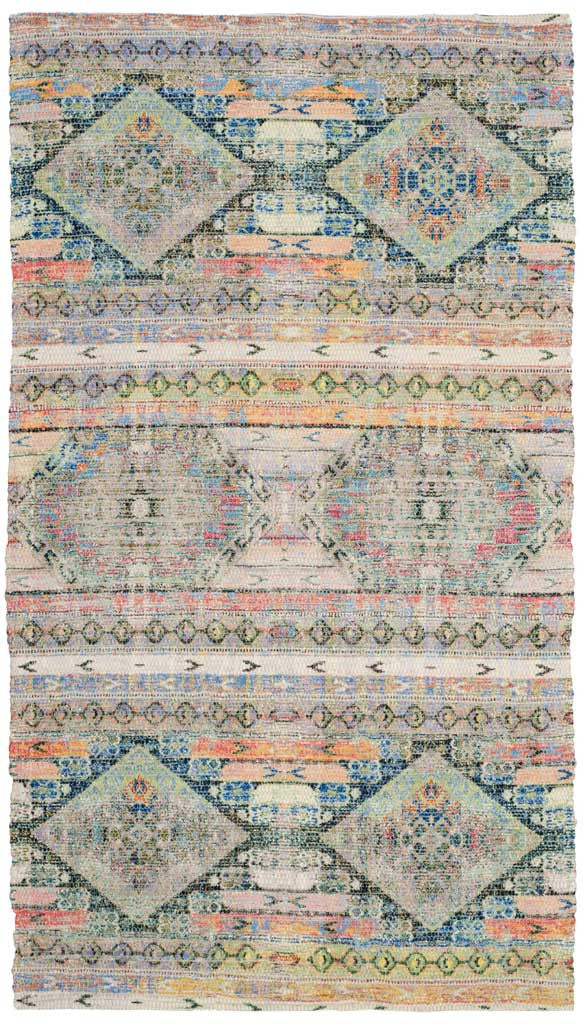 Oversized diamond motifs and vibrant bands bring eclectic color to a compact woven rug
