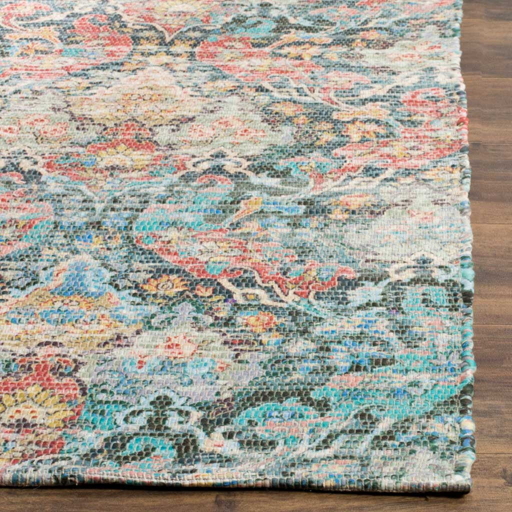 A richly textured weave and neatly finished edge enhance the rug's coral and aqua floral pattern.