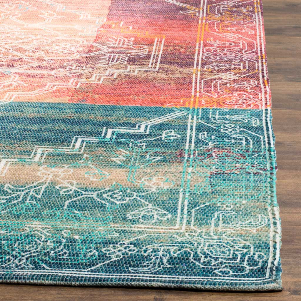 Textured coral and aqua weave with intricate ivory linework and neatly finished edges.
