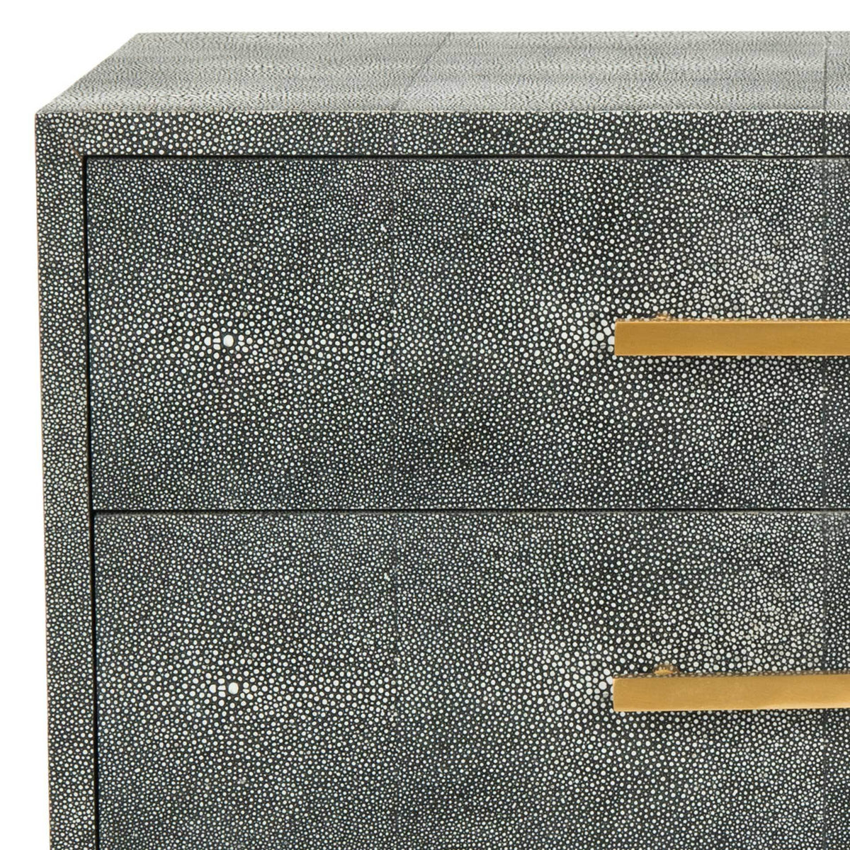 Pebbled black drawer fronts gain a refined finish from slim brass pulls