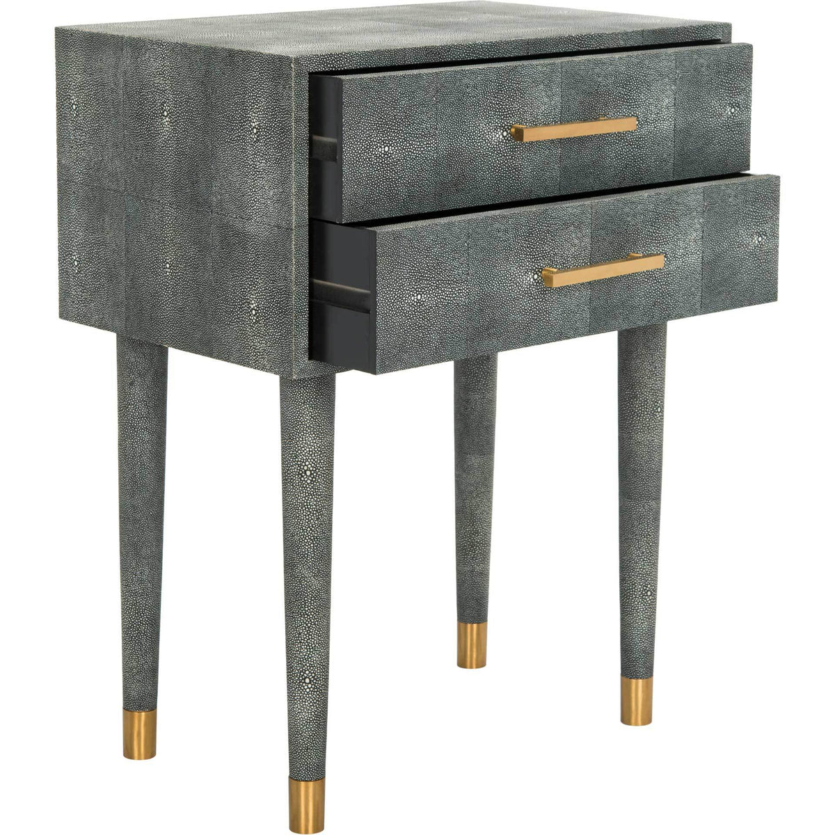 Partially open drawers pair convenient storage with a textured black finish and brass accents