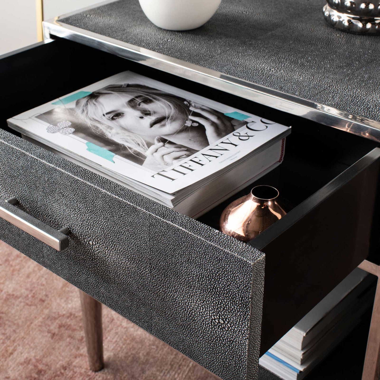 Tanzania Faux Shagreen Nightstand Black/Silver
