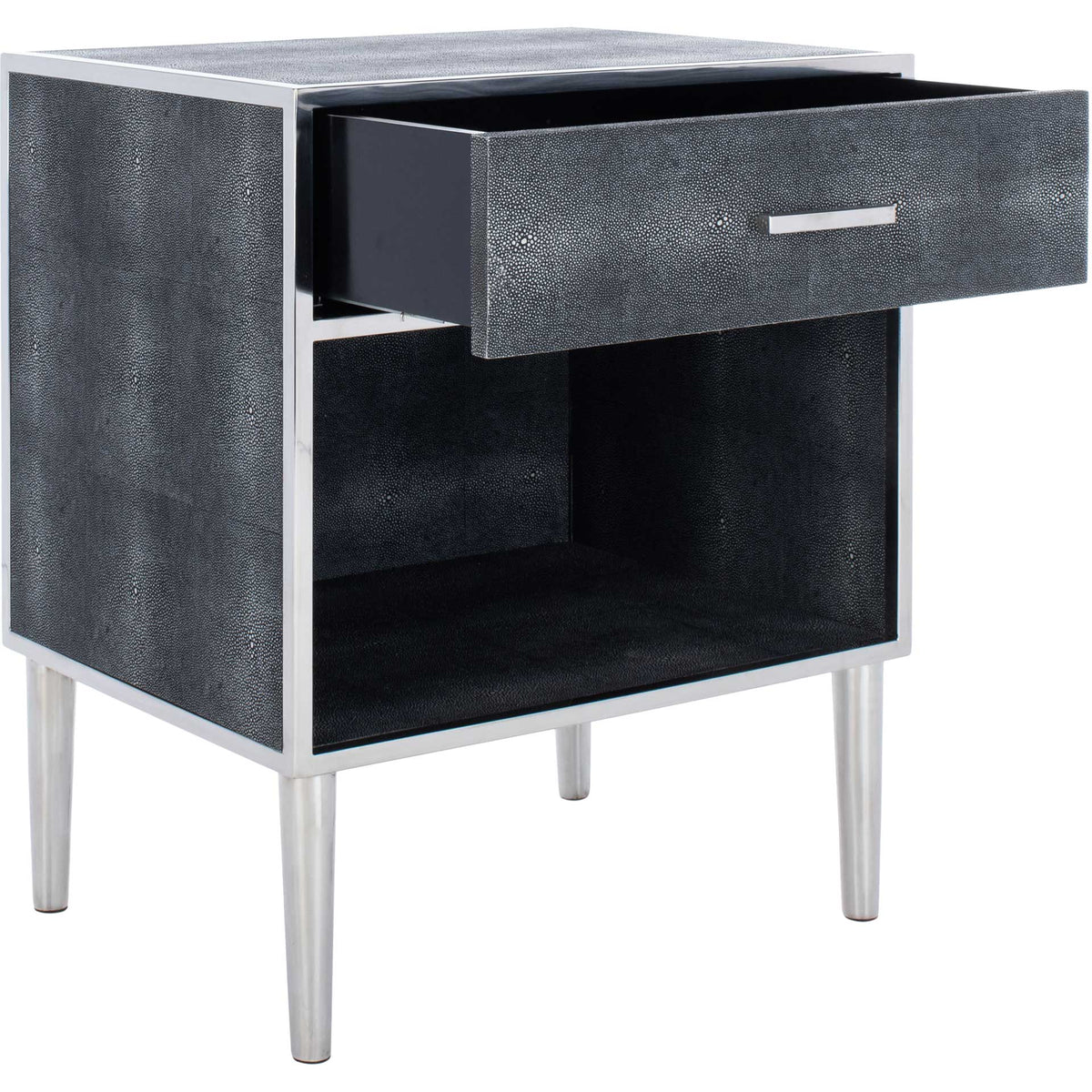 A black faux shagreen drawer opens above the nightstand's spacious shelf and silver legs