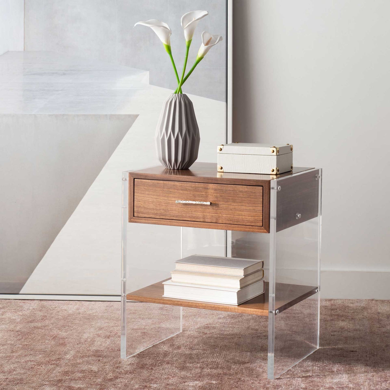 Kyler 1 Drawer Acrylic Nightstand Walnut