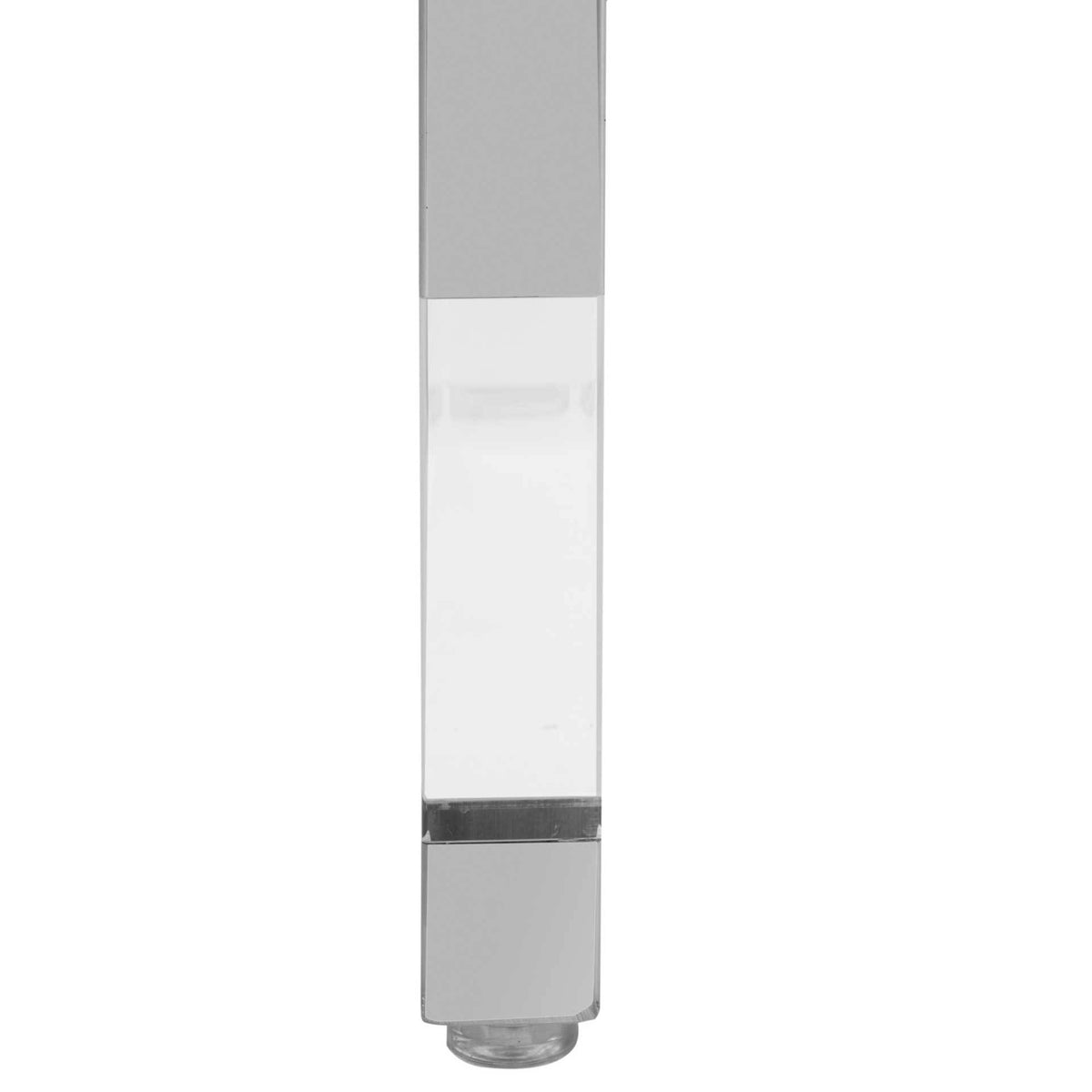 A clear acrylic leg features polished silver accents and a discreet round foot