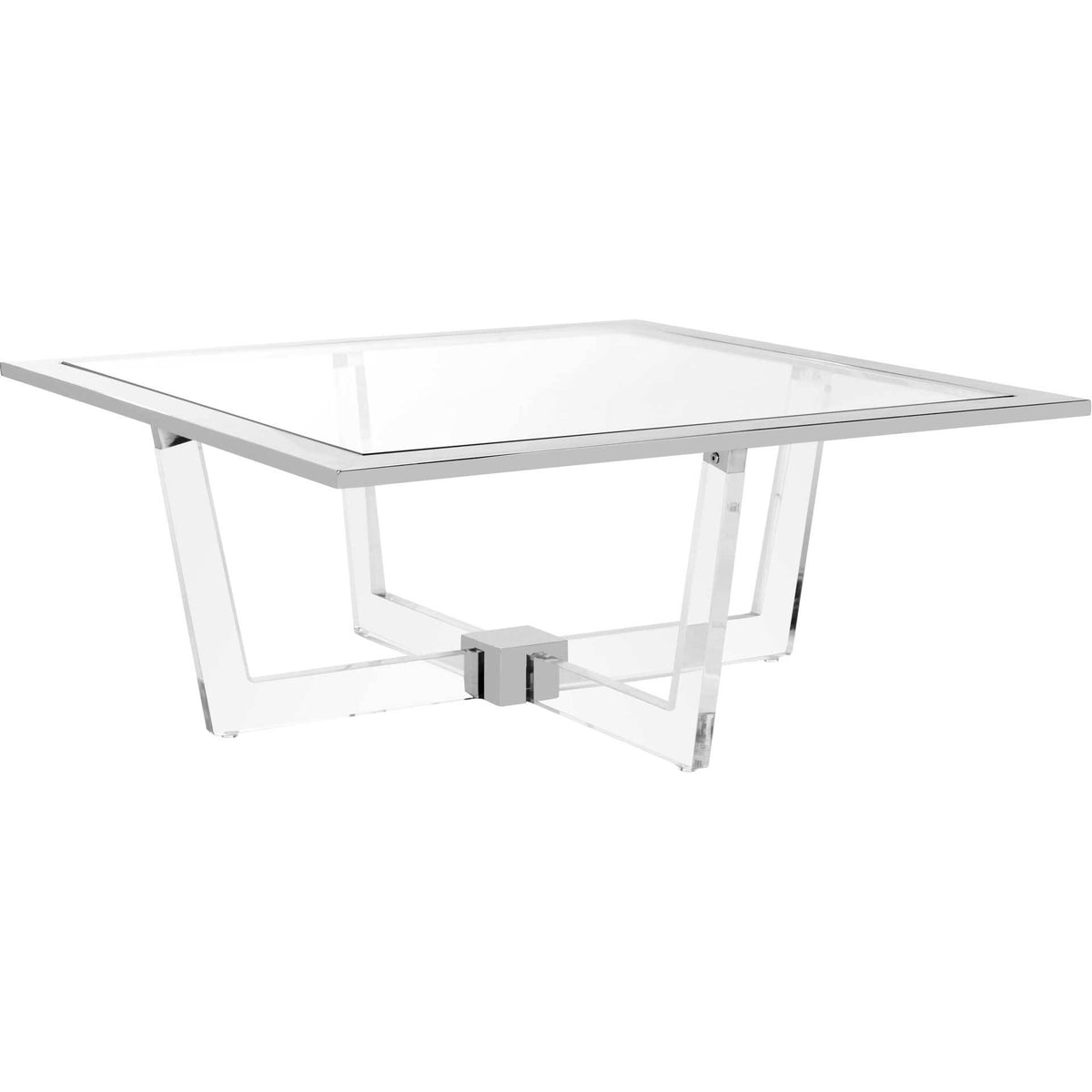 Clear square coffee table with a polished metal rim and intersecting acrylic base || SFV2518A || front_angle_studio