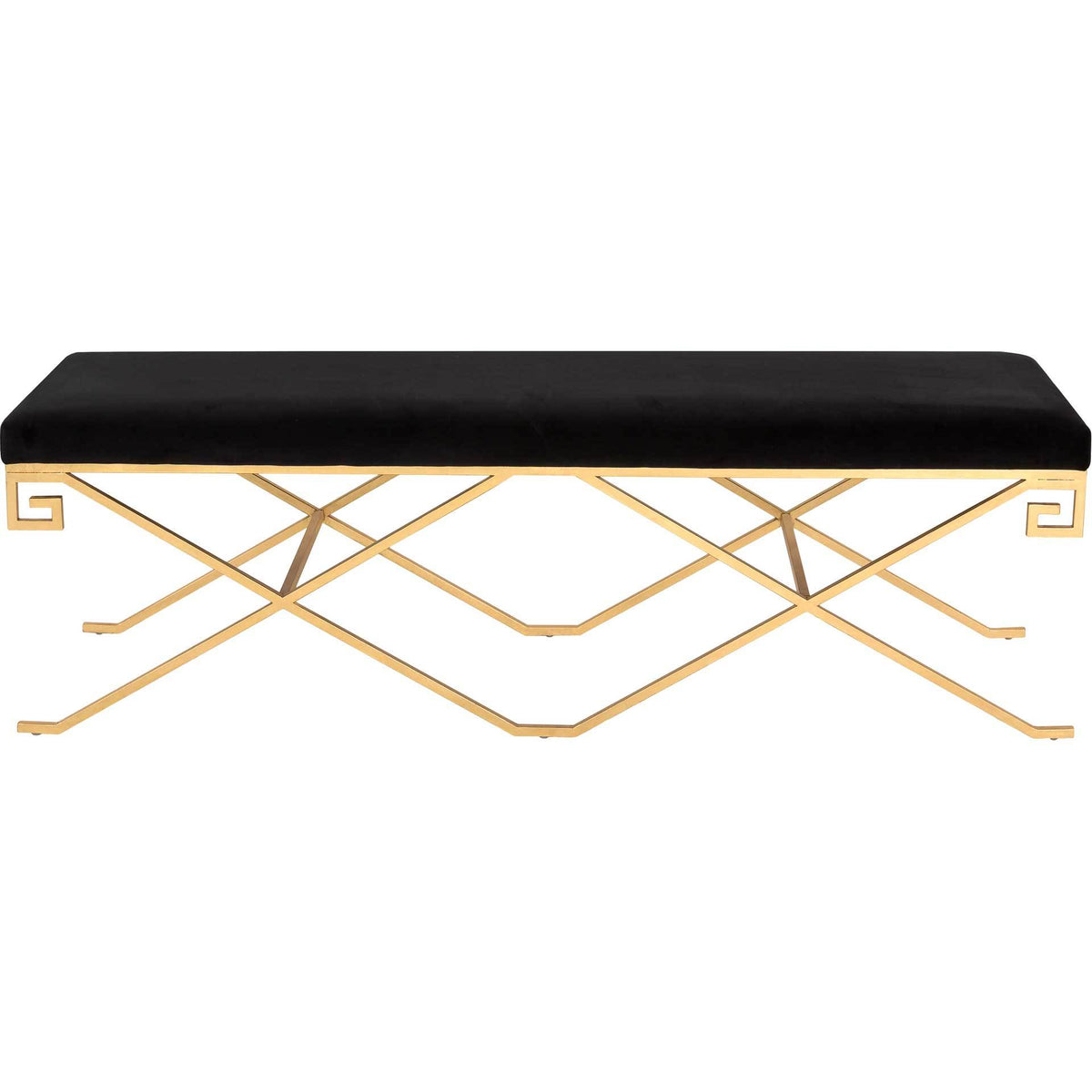 Black velvet bench pairs a sleek seat with a gold leaf base and crisscross supports || SFV3503A || front_studio