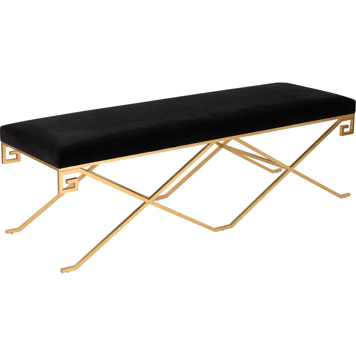 Black velvet bench with a cushioned seat, gold leaf legs, and geometric end accents || SFV3503A || front_angle_studio