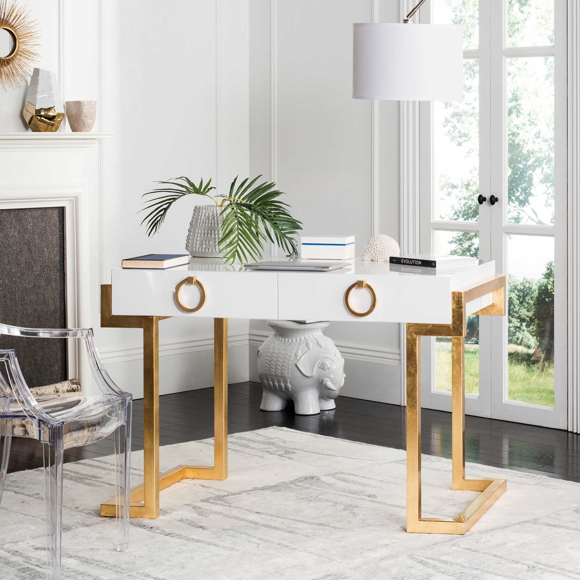 Maddison 2-Drawer Lacquer Desk White/Gold