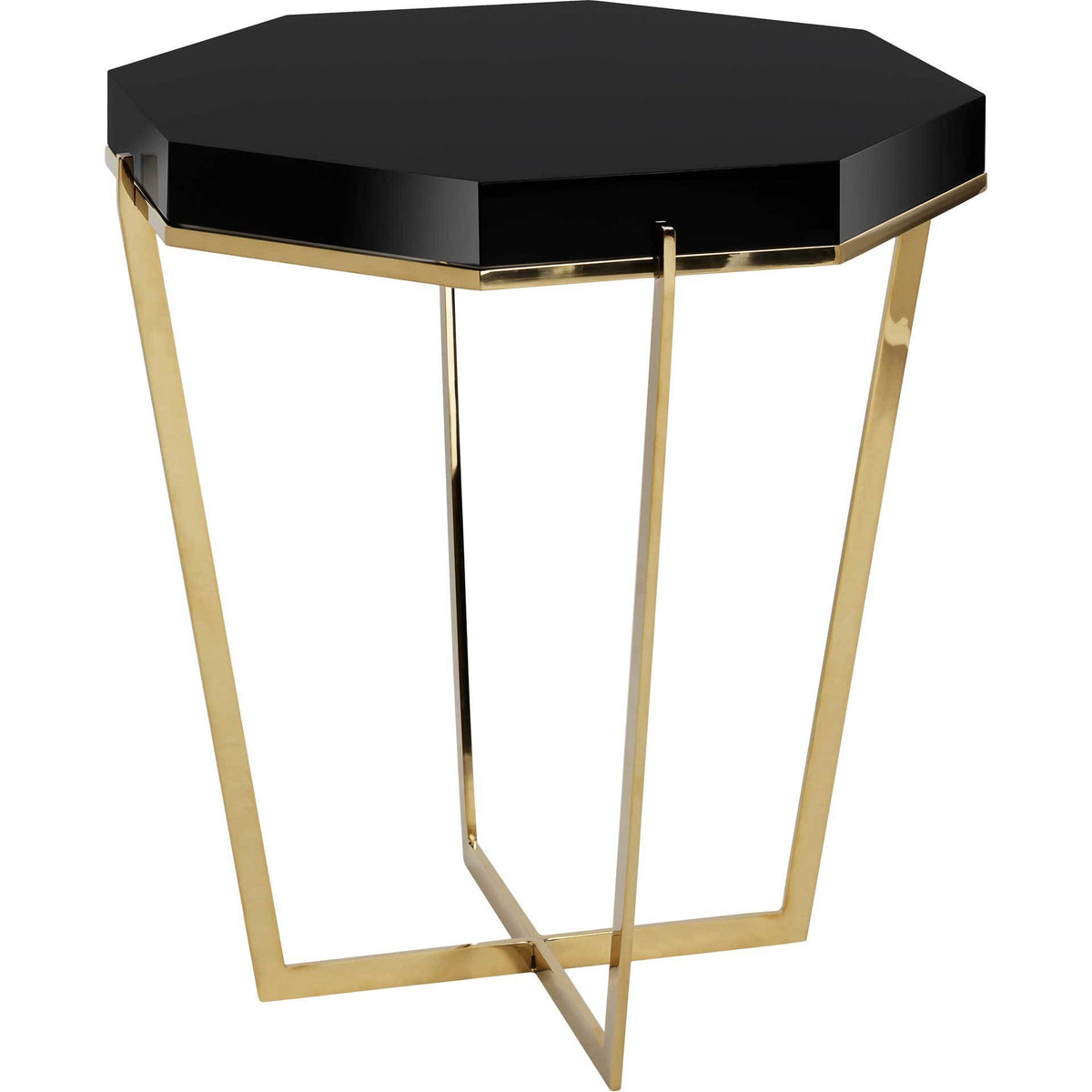 A faceted black tabletop with gold edging rests on a slim, open metal base. || SFV3510A || side_studio
