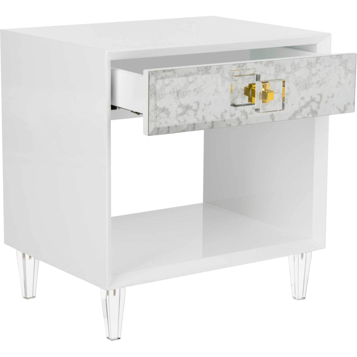 An open drawer reveals storage above the white side table's open shelf and clear tapered legs.