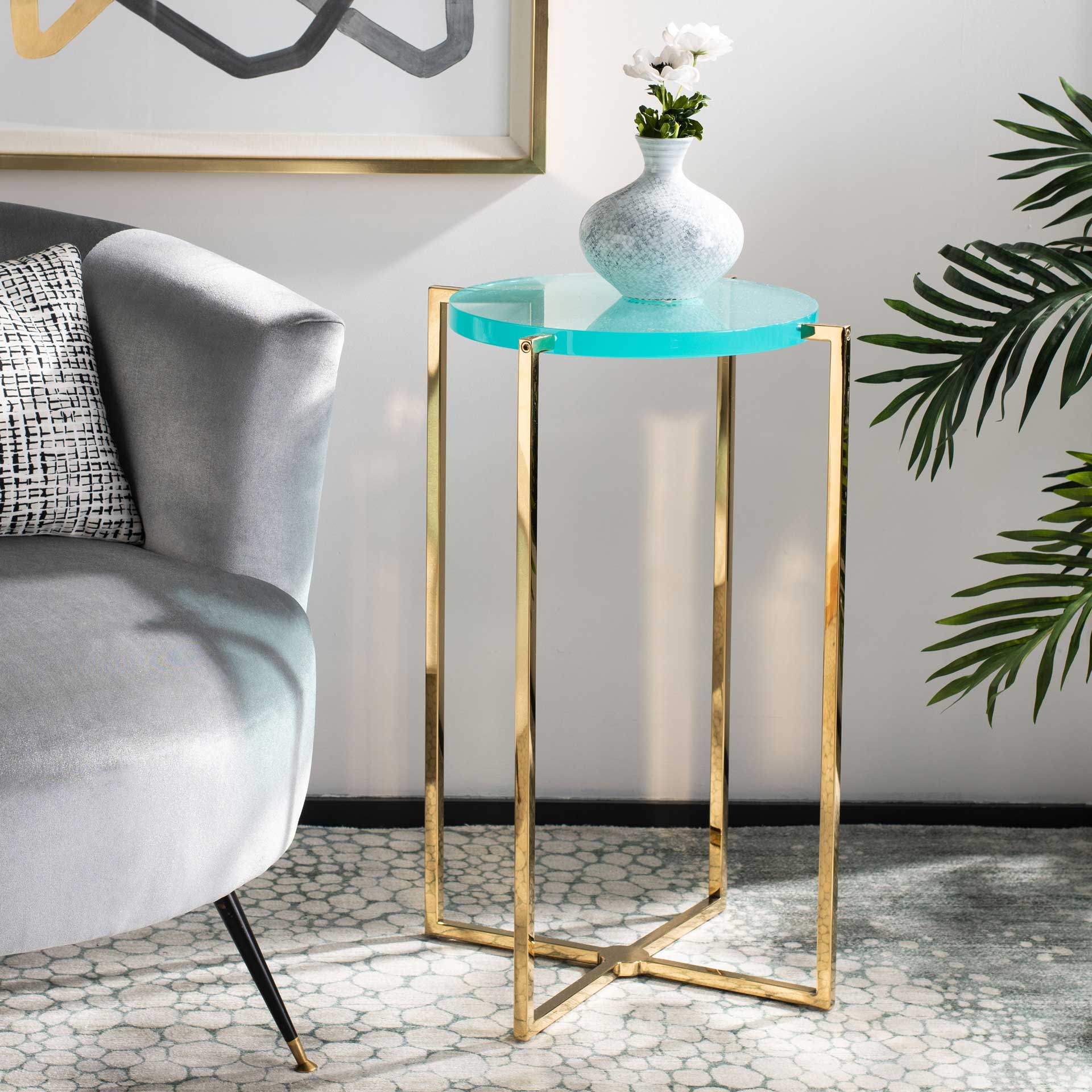 Placido Tall Round Acrylic End Table Sapphire/Gold