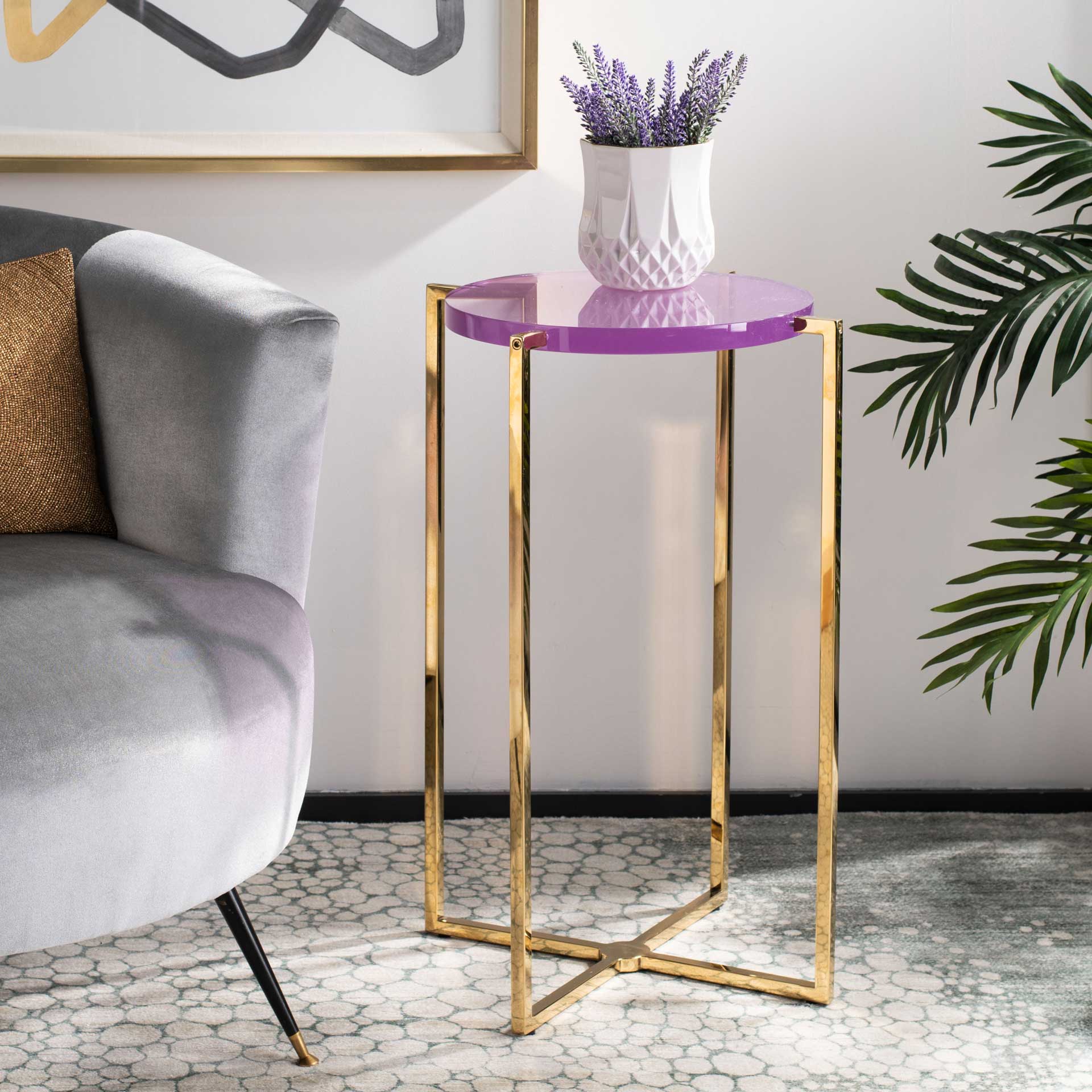 Placido Tall Round Acrylic End Table Amethyst/Gold