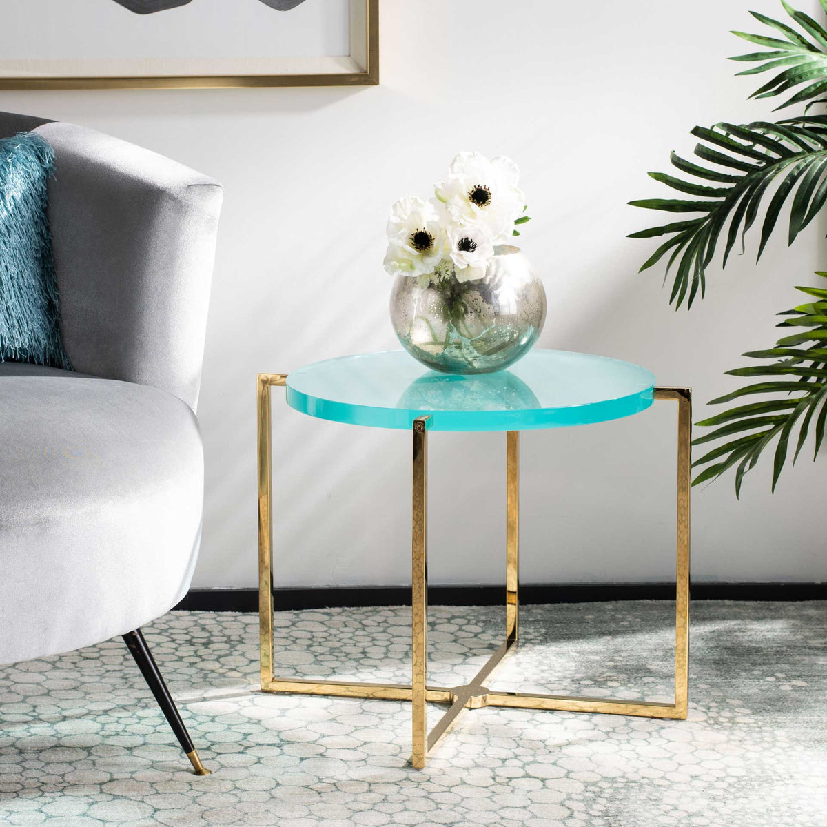 Placido Round Acrylic End Table Sapphire/Gold