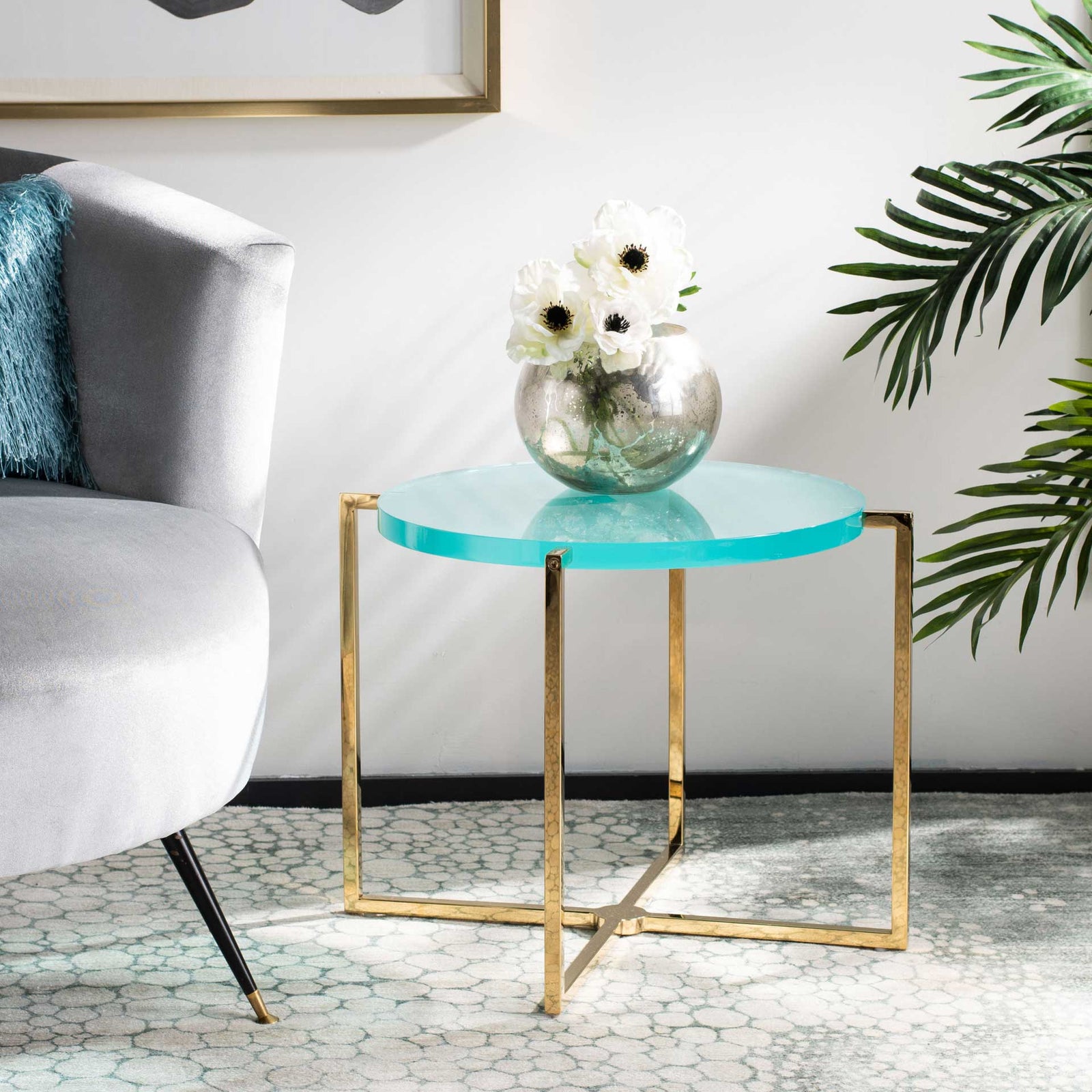 Placido Round Acrylic End Table Sapphire/Gold