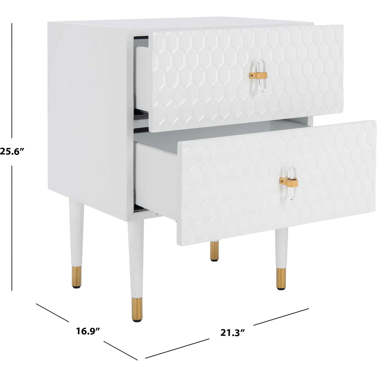 White two-drawer side table measures 21.3 inches wide, 16.9 inches deep and 25.6 inches high.