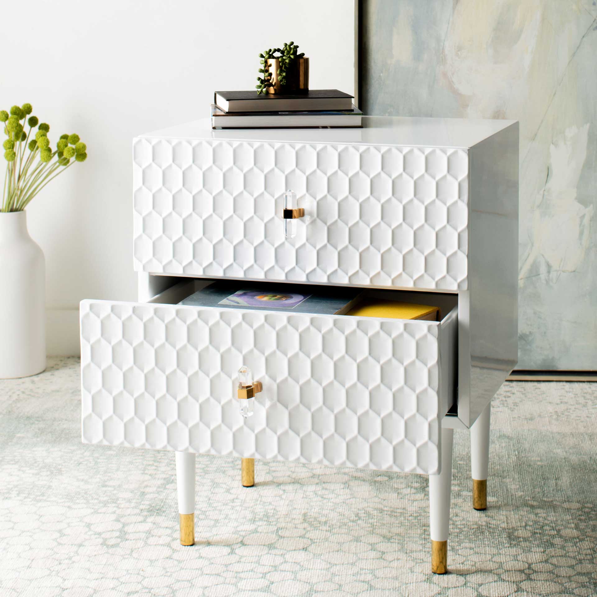 Nevaeh 2 Drawer Side Table White/Gold