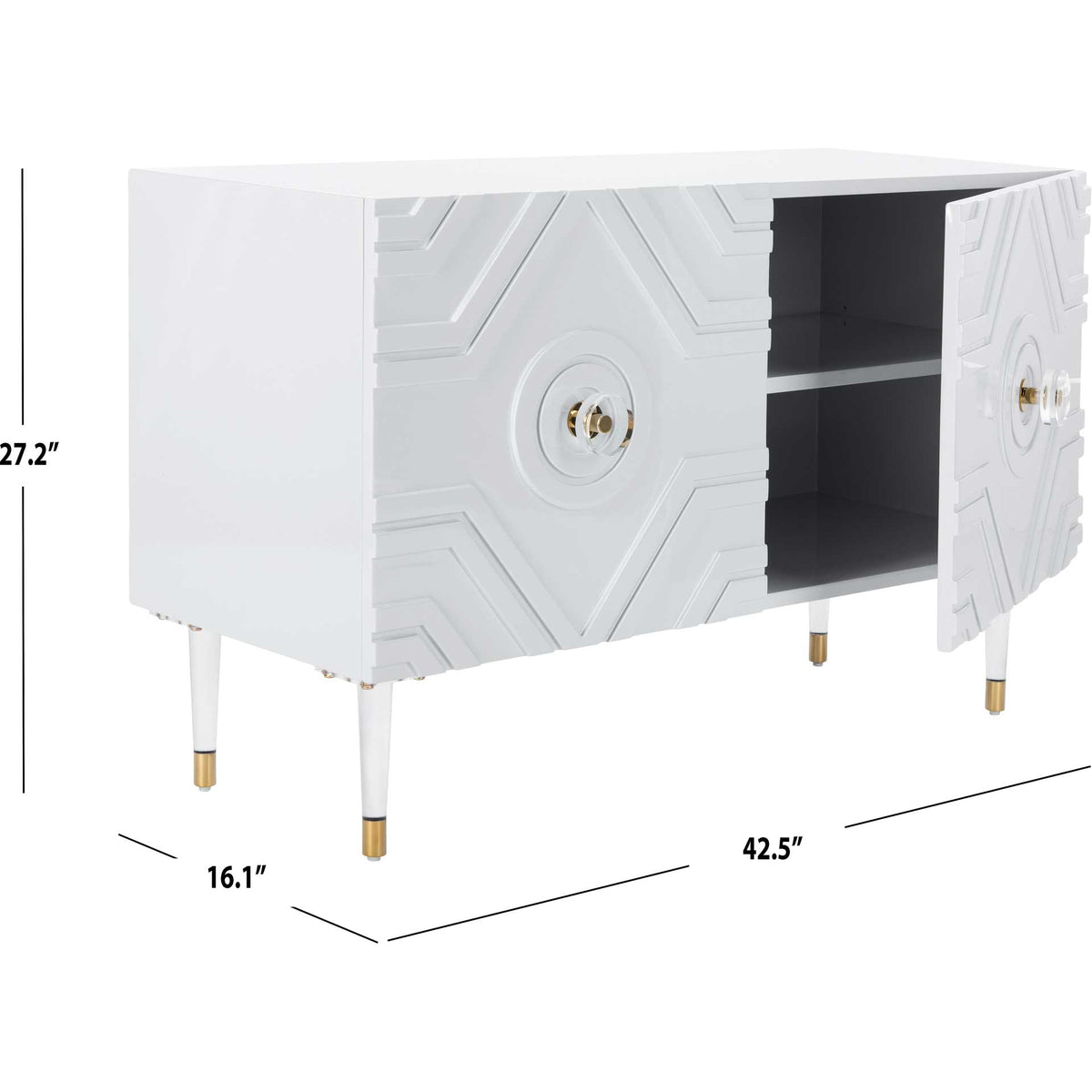 Two-door sideboard measures 42.5 inches wide, 16.1 inches deep and 27.2 inches tall