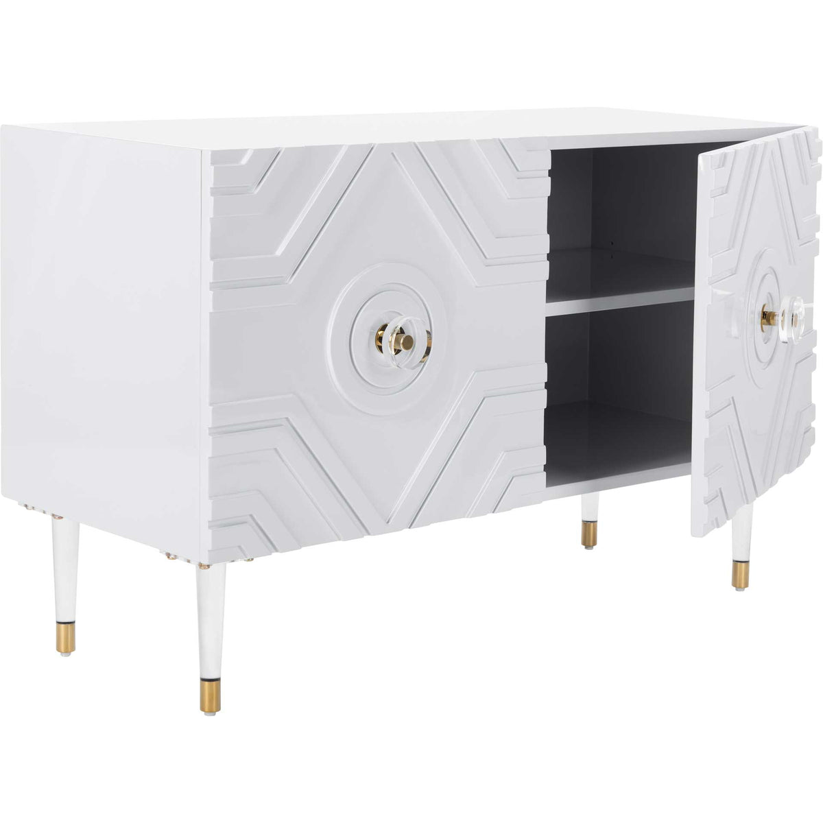 A patterned cabinet door swings open to reveal two spacious storage levels
