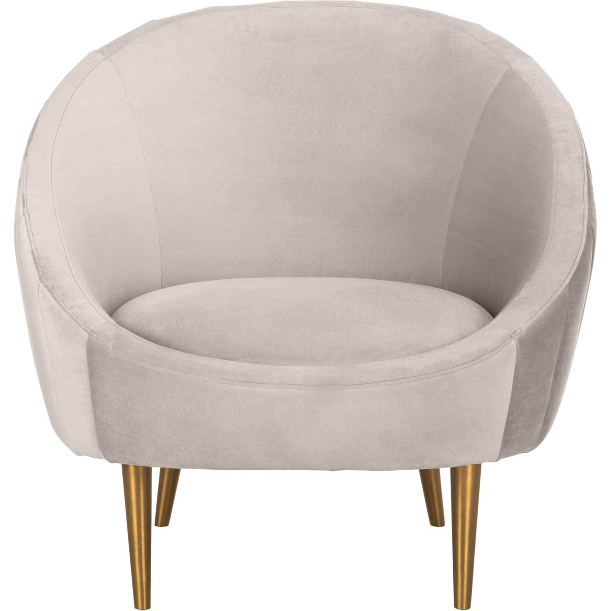A softly cushioned pale taupe velvet seat sits within a curved shell on slender gold legs || SFV4700B || front_studio