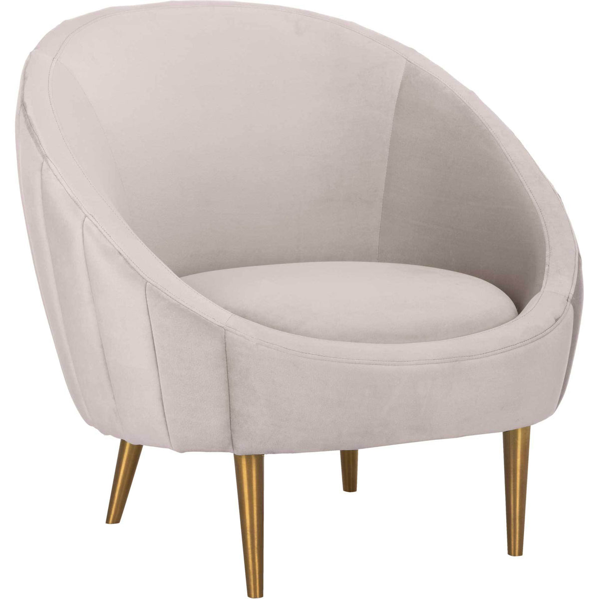 Pale taupe velvet wraps a rounded tub seat with sculpted channels and tapered gold legs || SFV4700B || front_angle_studio