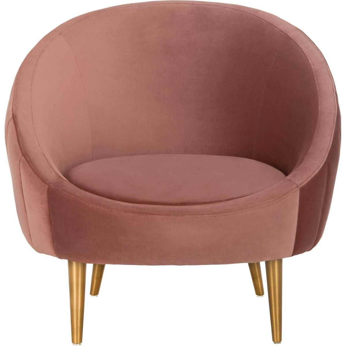A gently curved dusty rose velvet chair offers a cushioned seat above tapered gold legs || SFV4700C || front_studio