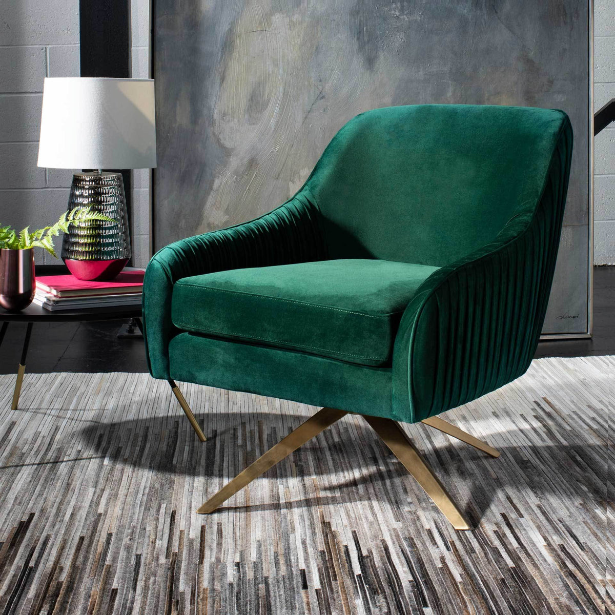 Titus Pleated Arm Chair Emerald/Gold