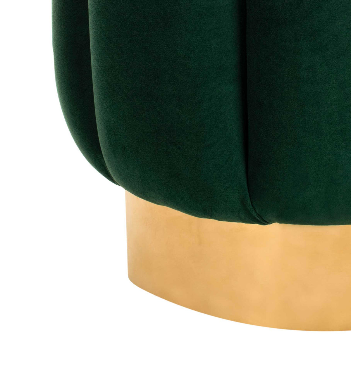 A gold-finished metal base anchors the plush emerald velvet ottoman.