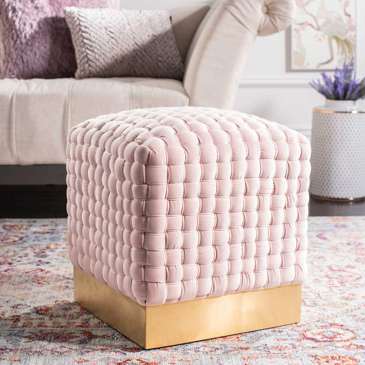 Ramona Woven Velvet Ottoman Pink