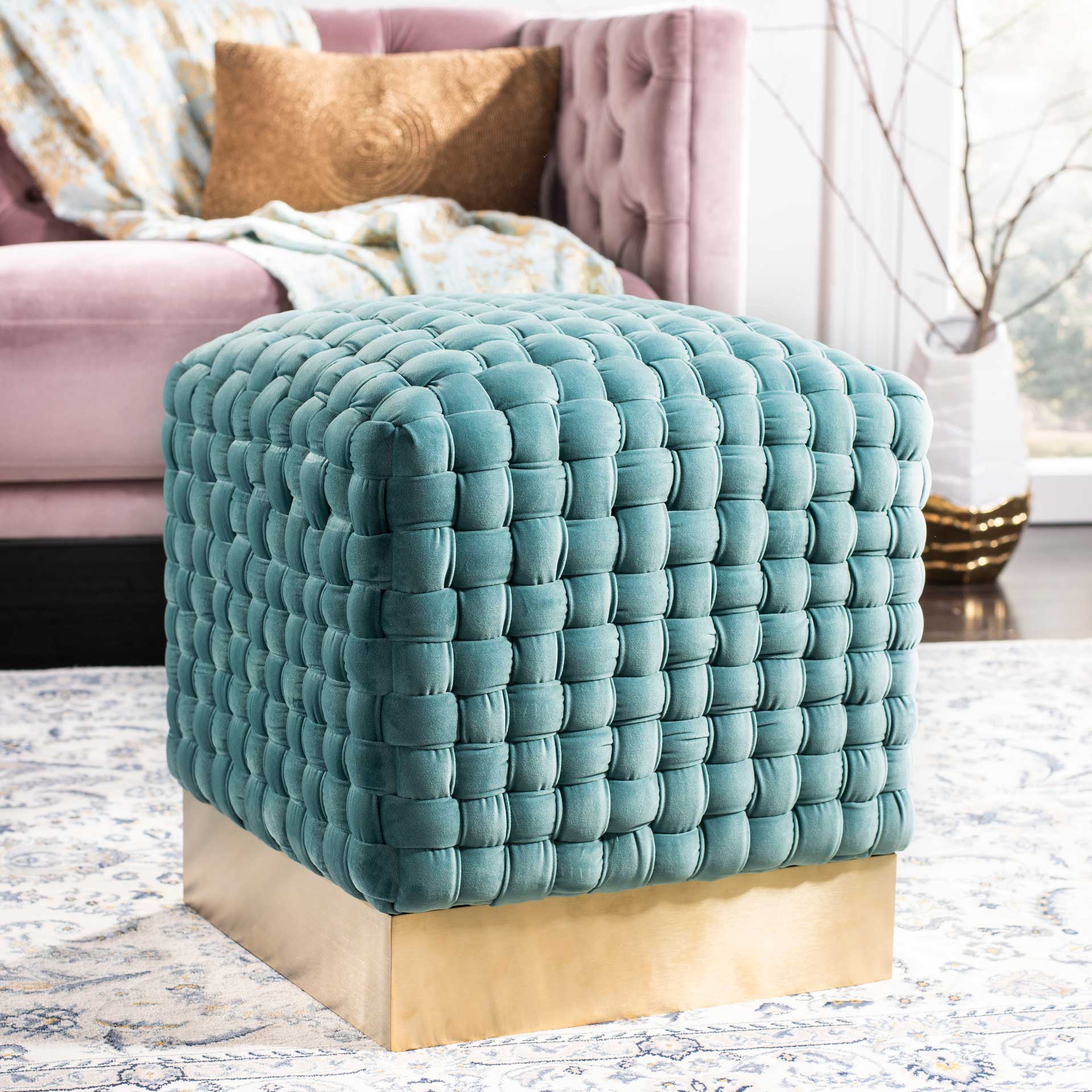 Ramona Woven Velvet Ottoman Seafoam