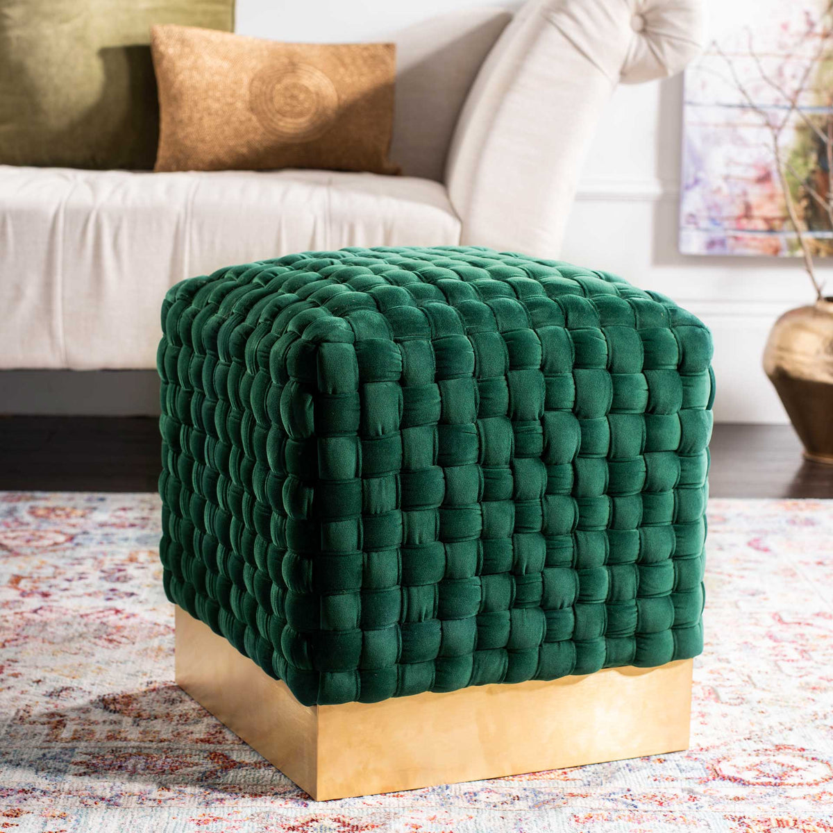 Ramona Woven Velvet Ottoman Emerald