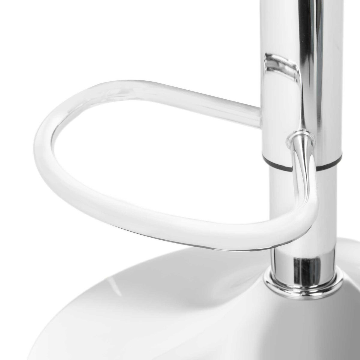 Sleek silver footrest offers a comfortable perch on the adjustable pedestal