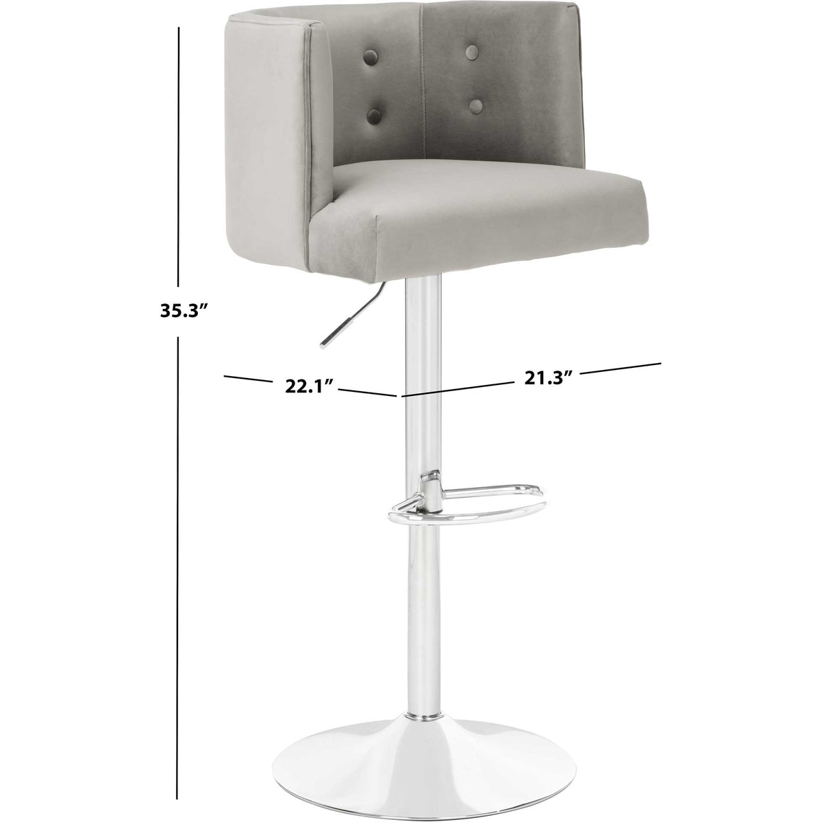 Light gray bar stool measures 21.3 inches wide by 22.1 inches deep by 35.3 inches high