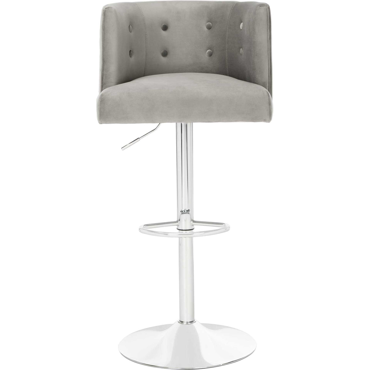 Button-tufted light gray velvet bar stool features a cushioned seat and gleaming silver pedestal || SFV4709C || front_studio