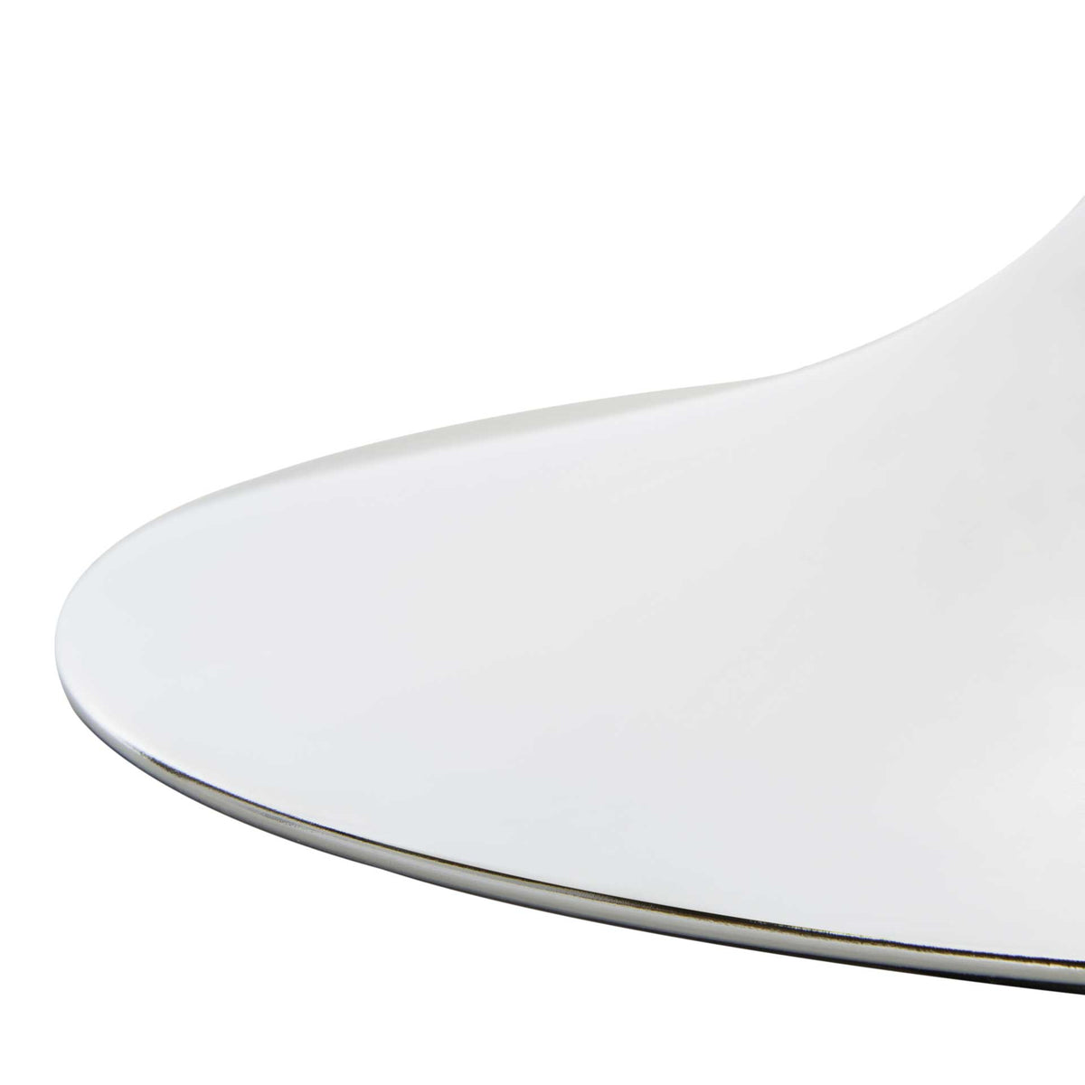 Flared silver pedestal base has a smooth, reflective finish and rounded edge
