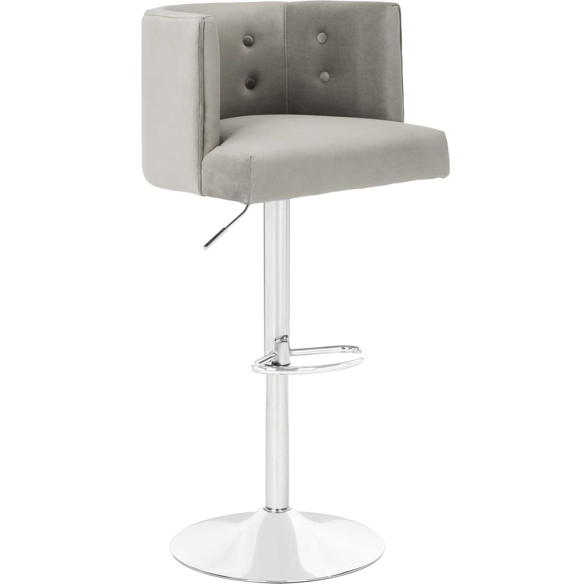 Light gray velvet bar stool with a wraparound back, plush seat, and adjustable silver pedestal || SFV4709C || front_angle_studio