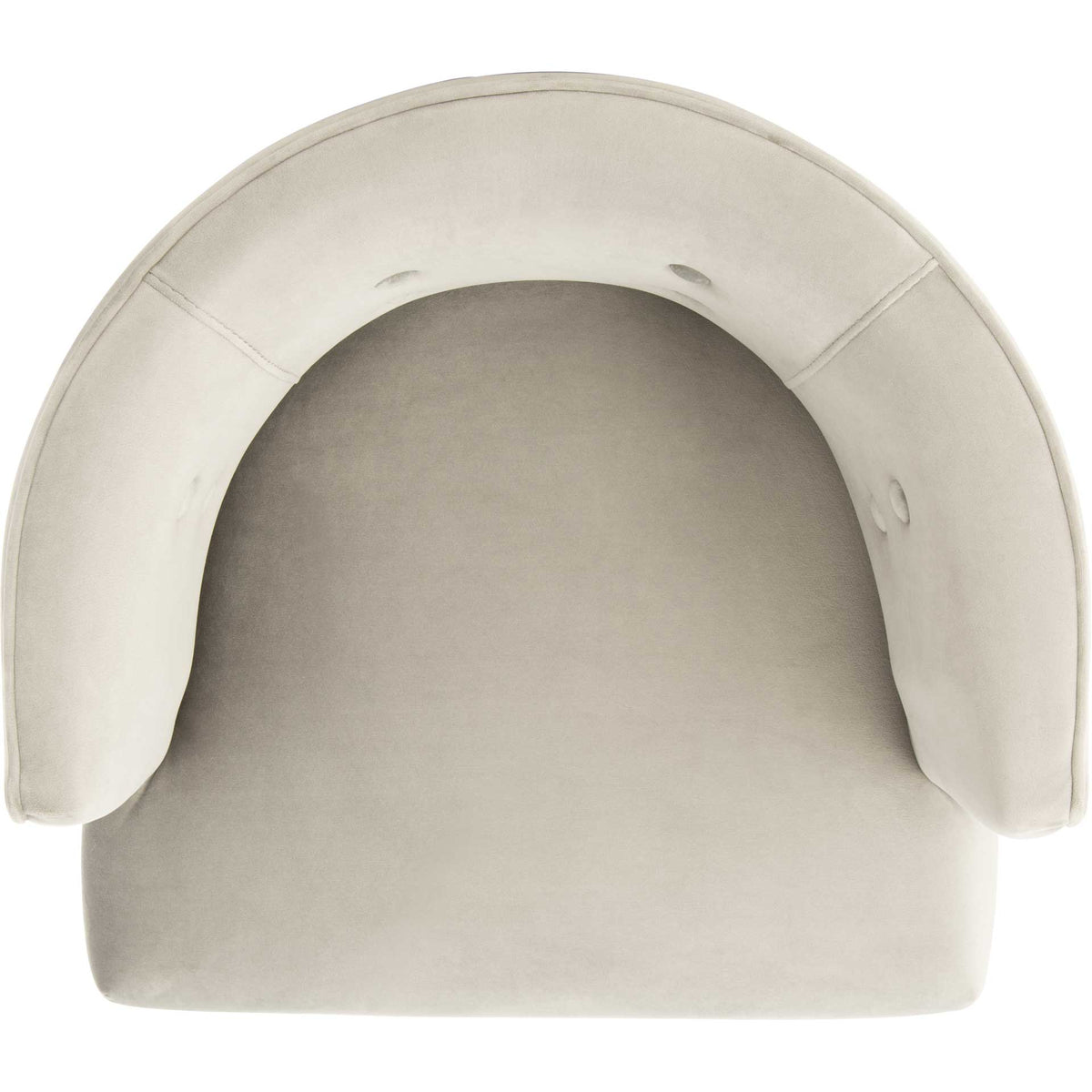Curved light gray velvet backrest envelops a broad, cushioned seat