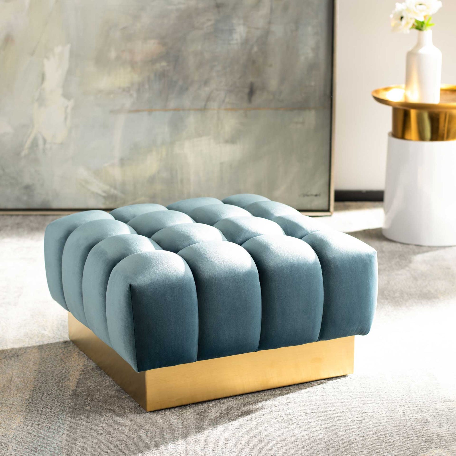 Himi Square Tufted Ottoman Aegean Blue